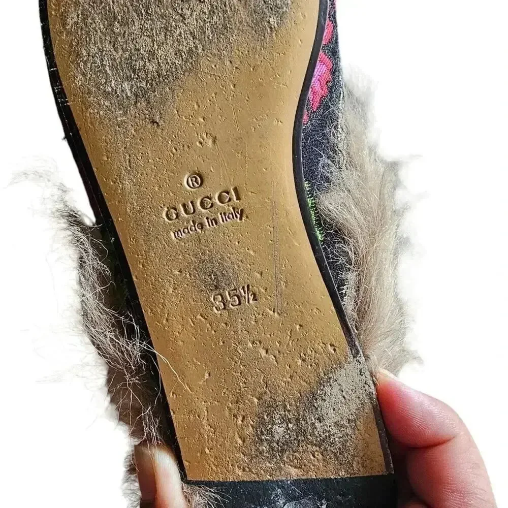 GUCCI Black Floral Brocade Jacquard FUR Princetown Slippers‎ Loafers Size 5.5 - Picture 9 of 13